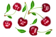 Sweet red cherries with leaves isolated on white background. Top view. Flat lay pattern royalty free stock photos Sweet red cherries with leaves isolated on white background. Top view. Flat lay pattern royalty free stock photos