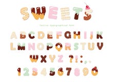 Sweets bakery font design. Funny latin alphabet letters and numbers made of ice cream, chocolate, cookies, candies. For royalty free illustration Sweets bakery font design. Funny latin alphabet letters and numbers made of ice cream, chocolate, cookies, candies. For royalty free illustration
