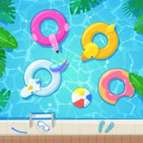Swimming Pool With Colorful Floats, Top View Vector Illustration. Kids Inflatable Toys Flamingo, Duck, Donut, Unicorn. Royalty Free Stock Photography Swimming Pool With Colorful Floats, Top View Vector Illustration. Kids Inflatable Toys Flamingo, Duck, Donut, Unicorn. Royalty Free Stock Photography