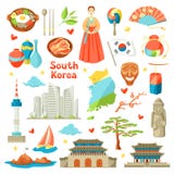 Sydkorea symbolsuppsättning Koreanska traditionella symboler och objekt stock illustrationer Sydkorea symbolsuppsättning Koreanska traditionella symboler och objekt stock illustrationer