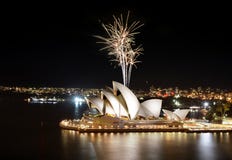 Multiple fireworks shoot up from the Sydney Opera House on a clear night Royalty Free Stock Image Multiple fireworks shoot up from the Sydney Opera House on a clear night Royalty Free Stock Image