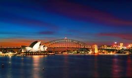Sydney Opera House und Hafen-Brücke bei Sonnenuntergang