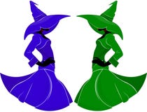 Sylwetka nikła czarownica w sukni i kapeluszu z szerokimi rondami w moda stylu w błękicie i zieleni na odosobnionym tle, ilustracji Sylwetka nikła czarownica w sukni i kapeluszu z szerokimi rondami w moda stylu w błękicie i zieleni na odosobnionym tle, ilustracji