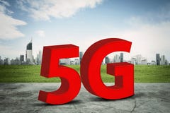 Symbol des Netzes 5G mit intelligentem Stadthintergrund lizenzfreie abbildung Symbol des Netzes 5G mit intelligentem Stadthintergrund lizenzfreie abbildung
