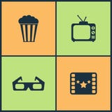 Symboler för bio för vektorillustrationuppsättning Beståndsdelar av projektorn, direktörstol, filmutmärkelse och går av berömmels vektor illustrationer Symboler för bio för vektorillustrationuppsättning Beståndsdelar av projektorn, direktörstol, filmutmärkelse och går av berömmels vektor illustrationer