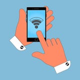 Symbolstelefon i hans hand, tecknet på skärmen av internet, nätverk, isolat på blå bakgrund S royaltyfri illustrationer Symbolstelefon i hans hand, tecknet på skärmen av internet, nätverk, isolat på blå bakgrund S royaltyfri illustrationer