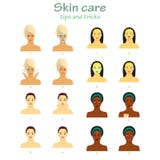 Symbolsuppsättning för infographic skincare Unga kvinnor som visar framsidaomsorg för fyra moment Olika hudsignaler royaltyfri illustrationer Symbolsuppsättning för infographic skincare Unga kvinnor som visar framsidaomsorg för fyra moment Olika hudsignaler royaltyfri illustrationer