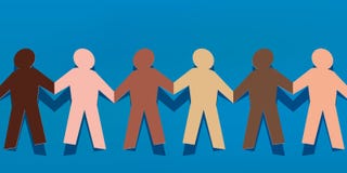 Symbool van solidariteit tussen volkeren met verschillende gekleurde document karakters die handen houden stock illustratie Symbool van solidariteit tussen volkeren met verschillende gekleurde document karakters die handen houden stock illustratie