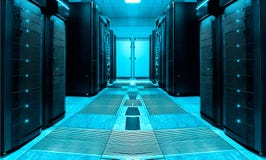 Symmetric serweru pokój z rzędami komputer mainframe w nowożytnym dane centrum, futurystyczny projekt obraz royalty free Symmetric serweru pokój z rzędami komputer mainframe w nowożytnym dane centrum, futurystyczny projekt obraz royalty free