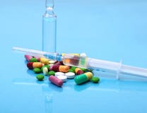 Syringe and Medical ampoules, vaccine on table. stock photography Syringe and Medical ampoules, vaccine on table. stock photography