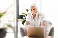 Szczęśliwa dojrzała biznesowa kobieta pracuje na laptopie Fotografia Stock Szczęśliwa dojrzała biznesowa kobieta pracuje na laptopie Fotografia Stock