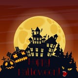 Szczęśliwa Halloweenowa pocztówka z baniami i straszny horror mieścimy sylwetkę przy nocą ilustracji Szczęśliwa Halloweenowa pocztówka z baniami i straszny horror mieścimy sylwetkę przy nocą ilustracji