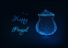 Szczęśliwa Pongal kartka z pozdrowieniami z jarzeniowym niskim poli- garnkiem z ryżowym posiłkiem, tekst na zmroku - błękitny tło royalty ilustracja Szczęśliwa Pongal kartka z pozdrowieniami z jarzeniowym niskim poli- garnkiem z ryżowym posiłkiem, tekst na zmroku - błękitny tło royalty ilustracja