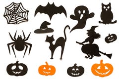Szczęśliwe Halloween Ustalone sylwetki ciąć z czarnego pomarańcze papieru odizolowywającego na białym tle fotografia stock Szczęśliwe Halloween Ustalone sylwetki ciąć z czarnego pomarańcze papieru odizolowywającego na białym tle fotografia stock