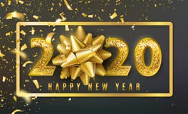 2020 Szczęśliwego nowego roku wektorowych tło z złotym prezenta łękiem, confetti, błyszczącymi błyskotliwości złota liczbami i gr ilustracja wektor 2020 Szczęśliwego nowego roku wektorowych tło z złotym prezenta łękiem, confetti, błyszczącymi błyskotliwości złota liczbami i gr ilustracja wektor