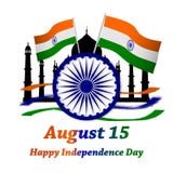 Szczęśliwy Dzień Niepodległości India z ashok chakra i hindus flaga taj mahal ilustracja wektor Szczęśliwy Dzień Niepodległości India z ashok chakra i hindus flaga taj mahal ilustracja wektor
