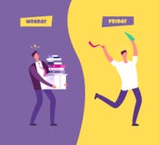 Szczęśliwy Piątku pojęcie Biznesmen w smutnym przytłaczającym Poniedziałku vs relaksuje Piątek Cieszy się weekendowego kreskówka royalty ilustracja Szczęśliwy Piątku pojęcie Biznesmen w smutnym przytłaczającym Poniedziałku vs relaksuje Piątek Cieszy się weekendowego kreskówka royalty ilustracja