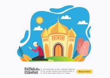 Szczęśliwy Ramadan Mubarak powitania fury pojęcie z ludźmi charakteru w meczecie dla sieci lądowania strony szablonu, sztandar, p royalty ilustracja Szczęśliwy Ramadan Mubarak powitania fury pojęcie z ludźmi charakteru w meczecie dla sieci lądowania strony szablonu, sztandar, p royalty ilustracja