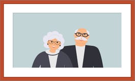 Szczęśliwy rodzinny seniora portret: śliczne uśmiechnięte starsze osoby mężczyzna i kobieta na bławym tle w drewnianej brąz ramie ilustracji Szczęśliwy rodzinny seniora portret: śliczne uśmiechnięte starsze osoby mężczyzna i kobieta na bławym tle w drewnianej brąz ramie ilustracji