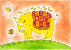 Szczęśliwy słoń i ptaki, dziecko rysunek, akwarela obraz ilustracji Szczęśliwy słoń i ptaki, dziecko rysunek, akwarela obraz ilustracji