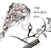 Símbolo de pelo largo joven hermoso del peine y de las tijeras de la muchacha de la ha libre illustration Símbolo de pelo largo joven hermoso del peine y de las tijeras de la muchacha de la ha libre illustration