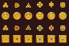 Símbolos célticos de los iconos determinados con las gemas Monedas y cuadrado de oro con las gemas La historieta fijó iconos célt ilustración del vector Símbolos célticos de los iconos determinados con las gemas Monedas y cuadrado de oro con las gemas La historieta fijó iconos célt ilustración del vector