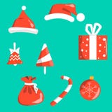Símbolos do Natal dos objetos vermelhos com o branco isolado no fundo Tampão de Santa s, sino, bola da decoração da Natal-árvore, ilustração stock Símbolos do Natal dos objetos vermelhos com o branco isolado no fundo Tampão de Santa s, sino, bola da decoração da Natal-árvore, ilustração stock