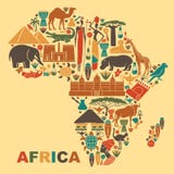 Símbolos tradicionales de África bajo la forma de mapa ilustración del vector Símbolos tradicionales de África bajo la forma de mapa ilustración del vector