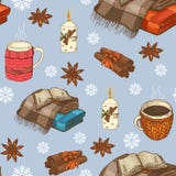 Sömlös julmodell med pläd, koppar, stearinljus och snöflingor vektor illustrationer Sömlös julmodell med pläd, koppar, stearinljus och snöflingor vektor illustrationer
