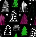 Sömlös julvintermodell Dekorativ bakgrund med granar, gran-träd Ferietecknad filmdesign vektor illustrationer Sömlös julvintermodell Dekorativ bakgrund med granar, gran-träd Ferietecknad filmdesign vektor illustrationer