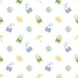 Sömlös loppmodell för vektor med påsen, paraplyet, kameran, jordklotet och locket, över ljus bakgrund stock illustrationer Sömlös loppmodell för vektor med påsen, paraplyet, kameran, jordklotet och locket, över ljus bakgrund stock illustrationer