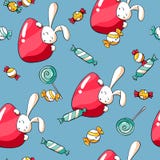 Sömlös modell för gullig påsk med kaniner, ägg, klubbor och godisen Påskbakgrund för tyg och inpackningspapper stock illustrationer Sömlös modell för gullig påsk med kaniner, ägg, klubbor och godisen Påskbakgrund för tyg och inpackningspapper stock illustrationer