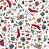 Sömlös modell för Hygge jul med gulliga och hemtrevliga julobjekt på en vit bakgrund papper för mörkerxmas-inpackning stock illustrationer Sömlös modell för Hygge jul med gulliga och hemtrevliga julobjekt på en vit bakgrund papper för mörkerxmas-inpackning stock illustrationer
