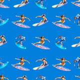 Sömlös modell för vattenfärg med surfare på blå bakgrund, ljus hand-dragen bakgrund royaltyfri illustrationer Sömlös modell för vattenfärg med surfare på blå bakgrund, ljus hand-dragen bakgrund royaltyfri illustrationer