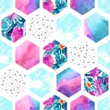 Sömlös modell för vattenfärgsexhörning med geometriska prydnadbeståndsdelar stock illustrationer Sömlös modell för vattenfärgsexhörning med geometriska prydnadbeståndsdelar stock illustrationer
