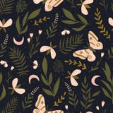 Sömlös modell för vektor med malar och nattfjärilen Härligt romantiskt tryck Mörk botanisk design stock illustrationer Sömlös modell för vektor med malar och nattfjärilen Härligt romantiskt tryck Mörk botanisk design stock illustrationer