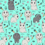 Sömlös modell för vektor med utdragna gulliga kaniner för hand, blommor, morot vektor illustrationer Sömlös modell för vektor med utdragna gulliga kaniner för hand, blommor, morot vektor illustrationer