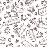 Sömlös modell för vektorbakelse med kakor, pajer, tarts, ostkaka med choklad och jordgubbetoppning Arkivbilder Sömlös modell för vektorbakelse med kakor, pajer, tarts, ostkaka med choklad och jordgubbetoppning Arkivbilder