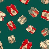 Sömlös modell med färgrika gåvor på grön bakgrund Julklappar med röda band Seamless modell för glad jul stock illustrationer Sömlös modell med färgrika gåvor på grön bakgrund Julklappar med röda band Seamless modell för glad jul stock illustrationer