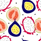 Sömlös modell med tropiska frukter - guava; passionfrukt; drakefrukt Ljus enkel stil vektor illustrationer Sömlös modell med tropiska frukter - guava; passionfrukt; drakefrukt Ljus enkel stil vektor illustrationer