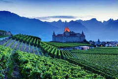 Sławny grodowy górska chata d ` Aigle w kantonie Vaud, Szwajcaria Kasztel w Aigle przegapia otaczających winniców i Alps fotografia royalty free Sławny grodowy górska chata d ` Aigle w kantonie Vaud, Szwajcaria Kasztel w Aigle przegapia otaczających winniców i Alps fotografia royalty free