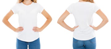 T-shirt design and people concept - close up of young woman in blank white t-shirt, shirt front and rear isolated. Mock up stock photo T-shirt design and people concept - close up of young woman in blank white t-shirt, shirt front and rear isolated. Mock up stock photo