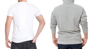 T shirt and sweatshirt template. Men in white tshirt and in grey hoody. Back rear view. Mock up isolated on white background. Copy stock photography T shirt and sweatshirt template. Men in white tshirt and in grey hoody. Back rear view. Mock up isolated on white background. Copy stock photography