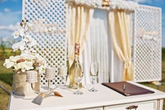 Table of newlyweds with champagne glasses and candlestick background wedding arch.