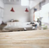 Table top counter bar with blurred kitchen background