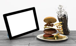Tablet pc com uma tela vazia na tabela de madeira com um h ilustração stock Tablet pc com uma tela vazia na tabela de madeira com um h ilustração stock