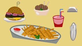Tableware картофеля фри салфетки мороженого бургера напитка обеда французский иллюстрация вектора Tableware картофеля фри салфетки мороженого бургера напитка обеда французский иллюстрация вектора