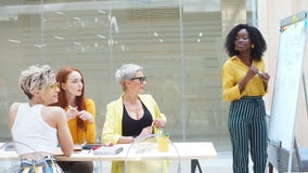 Talented successful businesswoman using flipchart at workplace stock footage Talented successful businesswoman using flipchart at workplace stock footage