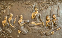 Talla de madera de Buda Las pinturas murales cuentan la historia sobre la historia del ` s de Buda imagenes de archivo Talla de madera de Buda Las pinturas murales cuentan la historia sobre la historia del ` s de Buda imagenes de archivo