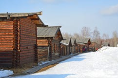 Taltsy, Irkutsk region, Russia, March, 02, 2017. Irkutsk architectural-ethnographic Museum `Taltsy`. The reconstructed streets of royalty free stock images Taltsy, Irkutsk region, Russia, March, 02, 2017. Irkutsk architectural-ethnographic Museum `Taltsy`. The reconstructed streets of royalty free stock images